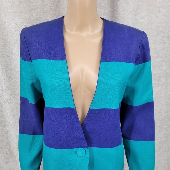 Linda Lewis Vintage Linen Blue and Teal Women's Longline Blazer Jacket - Picture 4 of 10
